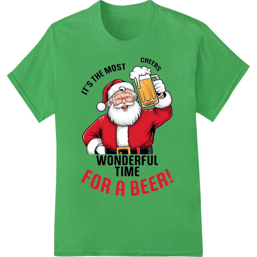 Jolly Santa Toasts Christmas Cheer with Frosty Beer on green shirt - SUPERDTF-DTF Prints-DTF Transfers-Custom DTF Prints