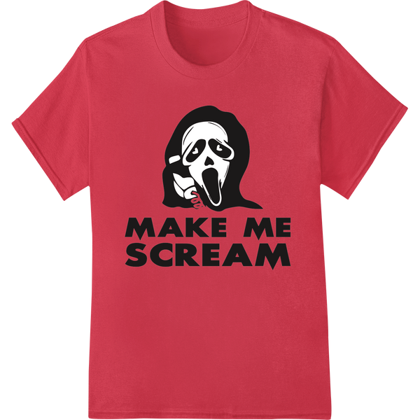 Terrifying Ghostface mask design titled 'Make Me Scream' as a DTF (Direct to Film) print for custom t-shirt printing