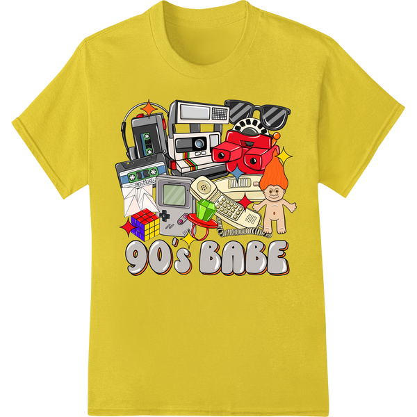 Retro '90s Gadgets: A Nostalgic Trip Down Memory Lane on yellow shirt - SUPERDTF-DTF Prints-DTF Transfers-Custom DTF Prints