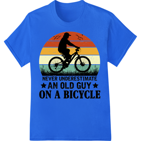 Retro Cycling Spirit: Old Guy Bicycle Sunset DTF Print on blue shirt - SUPERDTF-DTF Prints-DTF Transfers-Custom DTF Prints