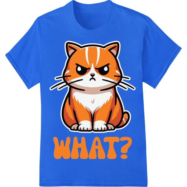 Adorable Confused Cat Says "WHAT?" - Hilarious DTF Print on blue shirt - SUPERDTF-DTF Prints-DTF Transfers-Custom DTF Prints