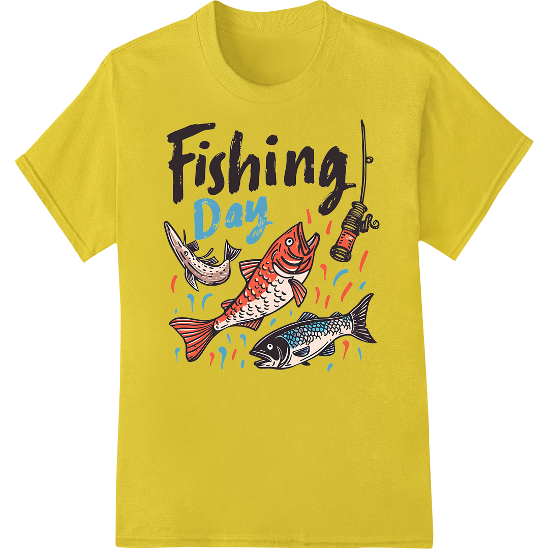 Reel in Style: Vibrant Fishing Day DTF Print Transfer on yellow shirt - SUPERDTF-DTF Prints-DTF Transfers-Custom DTF Prints