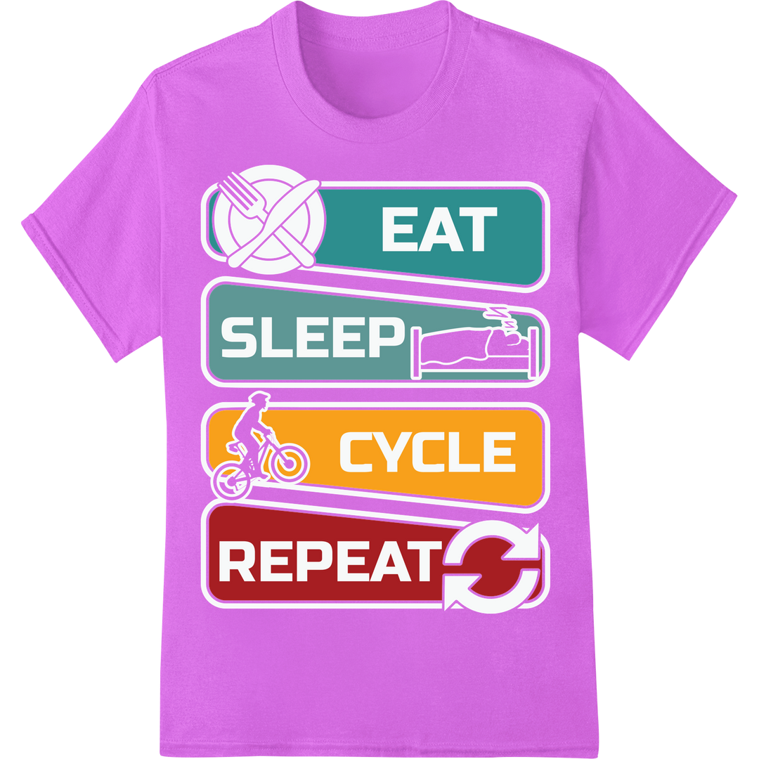 Vibrant 'Eat Sleep Cycle Repeat' DTF Print Heat Transfer on purple shirt - SUPERDTF-DTF Prints-DTF Transfers-Custom DTF Prints