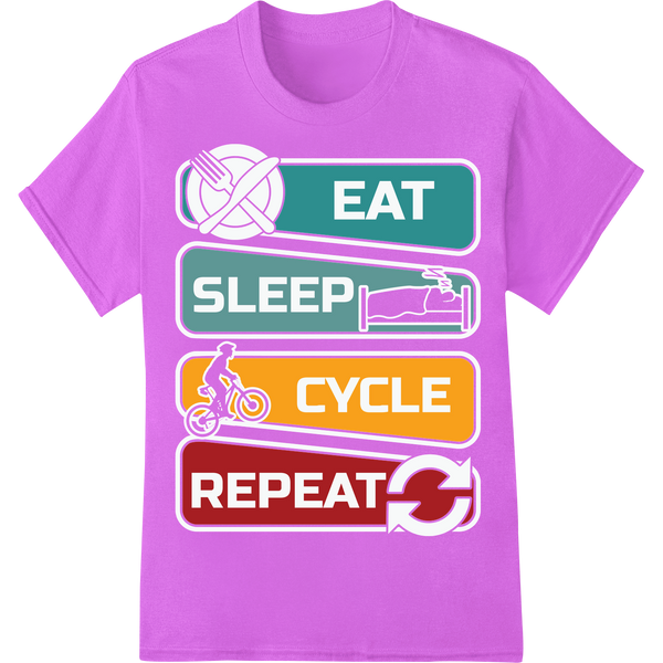 Vibrant 'Eat Sleep Cycle Repeat' DTF Print Heat Transfer on purple shirt - SUPERDTF-DTF Prints-DTF Transfers-Custom DTF Prints