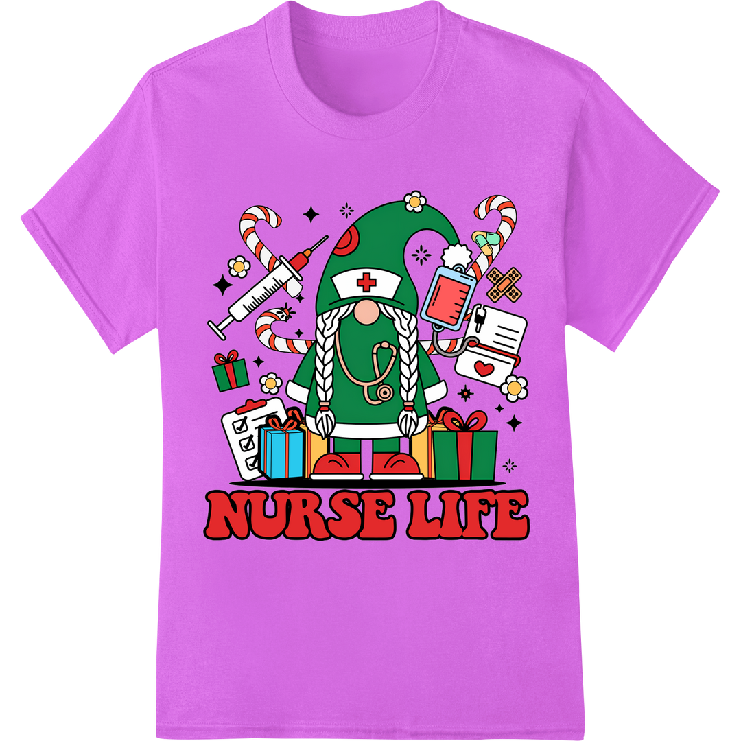 Festive 'NURSE LIFE' Christmas DTF Print Heat Transfer on purple shirt - SUPERDTF-DTF Prints-DTF Transfers-Custom DTF Prints