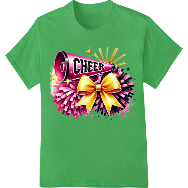 Vibrant 'CHEER' Megaphone DTF Transfer Print for Team Spirit on green shirt - SUPERDTF-DTF Prints-DTF Transfers-Custom DTF Prints