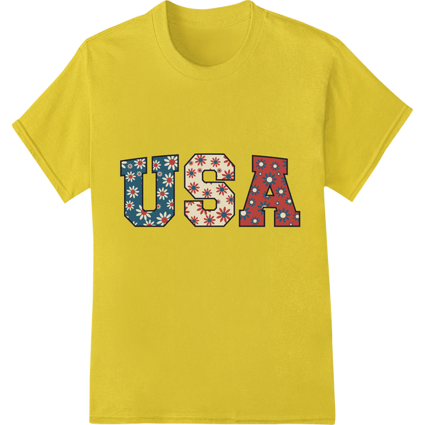 Patriotic USA 4th of July Floral Typography Heat Transfers on yellow shirt - SUPERDTF-DTF Prints-DTF Transfers-Custom DTF Prints