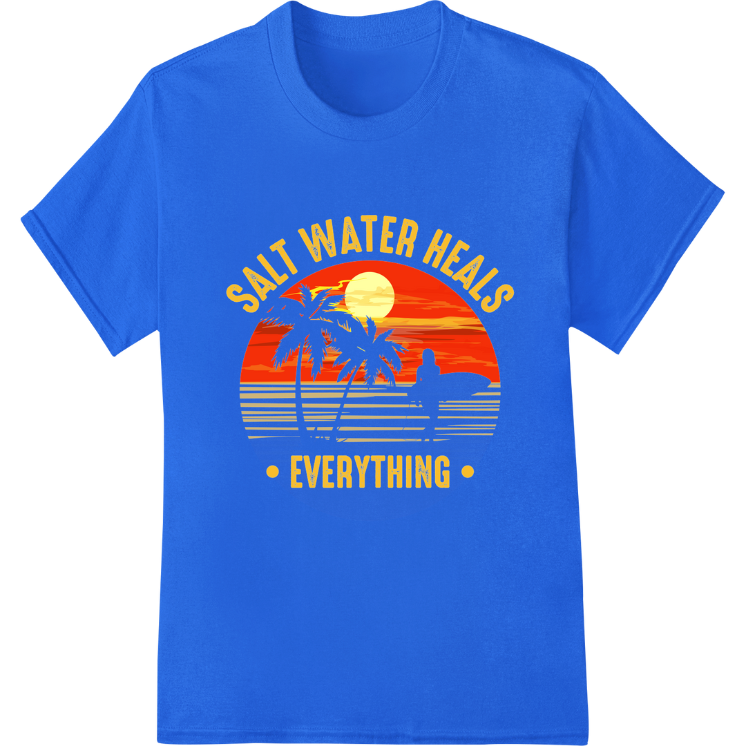 Retro Beach Vibes: Salt Water Heals Everything DTF Print on blue shirt - SUPERDTF-DTF Prints-DTF Transfers-Custom DTF Prints