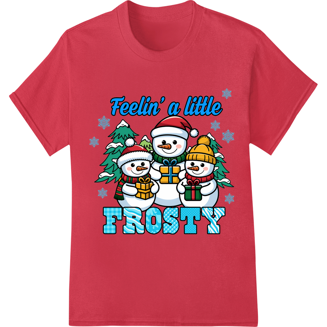 Adorable Snowmen Trio: Feelin' Frosty DTF Print Transfer on red shirt - SUPERDTF-DTF Prints-DTF Transfers-Custom DTF Prints