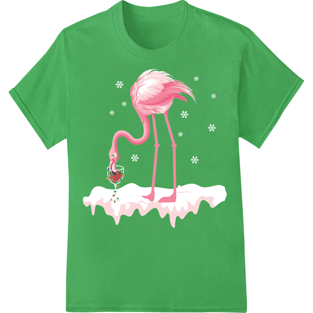 Whimsical Pink Flamingo Christmas DTF Print Heat Transfer on green shirt - SUPERDTF-DTF Prints-DTF Transfers-Custom DTF Prints