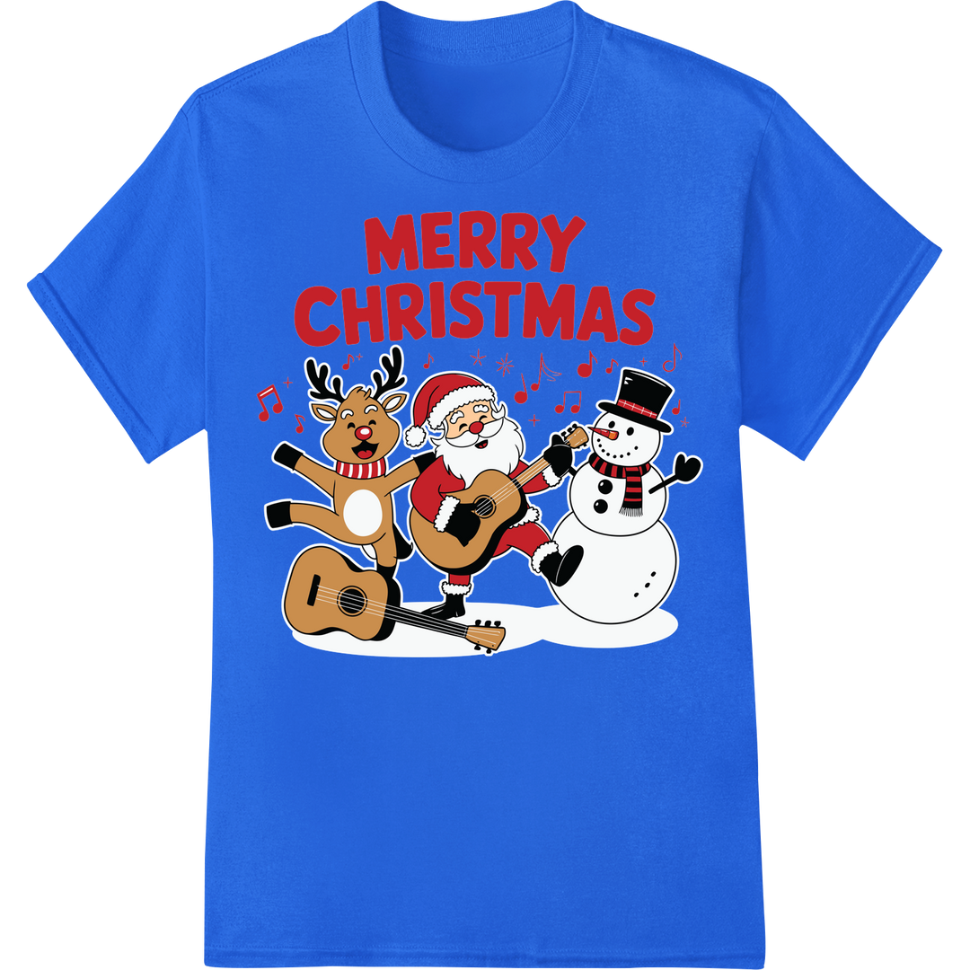 Jolly Christmas Trio: Festive Cartoon Friends | DTF Print on blue shirt - SUPERDTF-DTF Prints-DTF Transfers-Custom DTF Prints