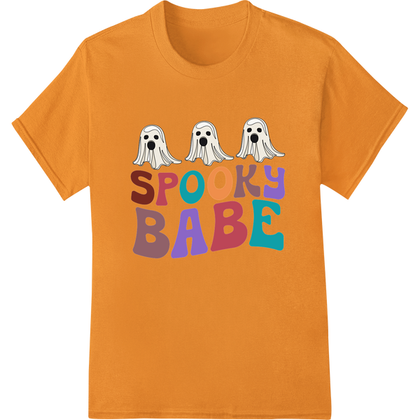 A digital heat transfer design featuring three cute ghosts in different colors, perfect for Halloween apparel.