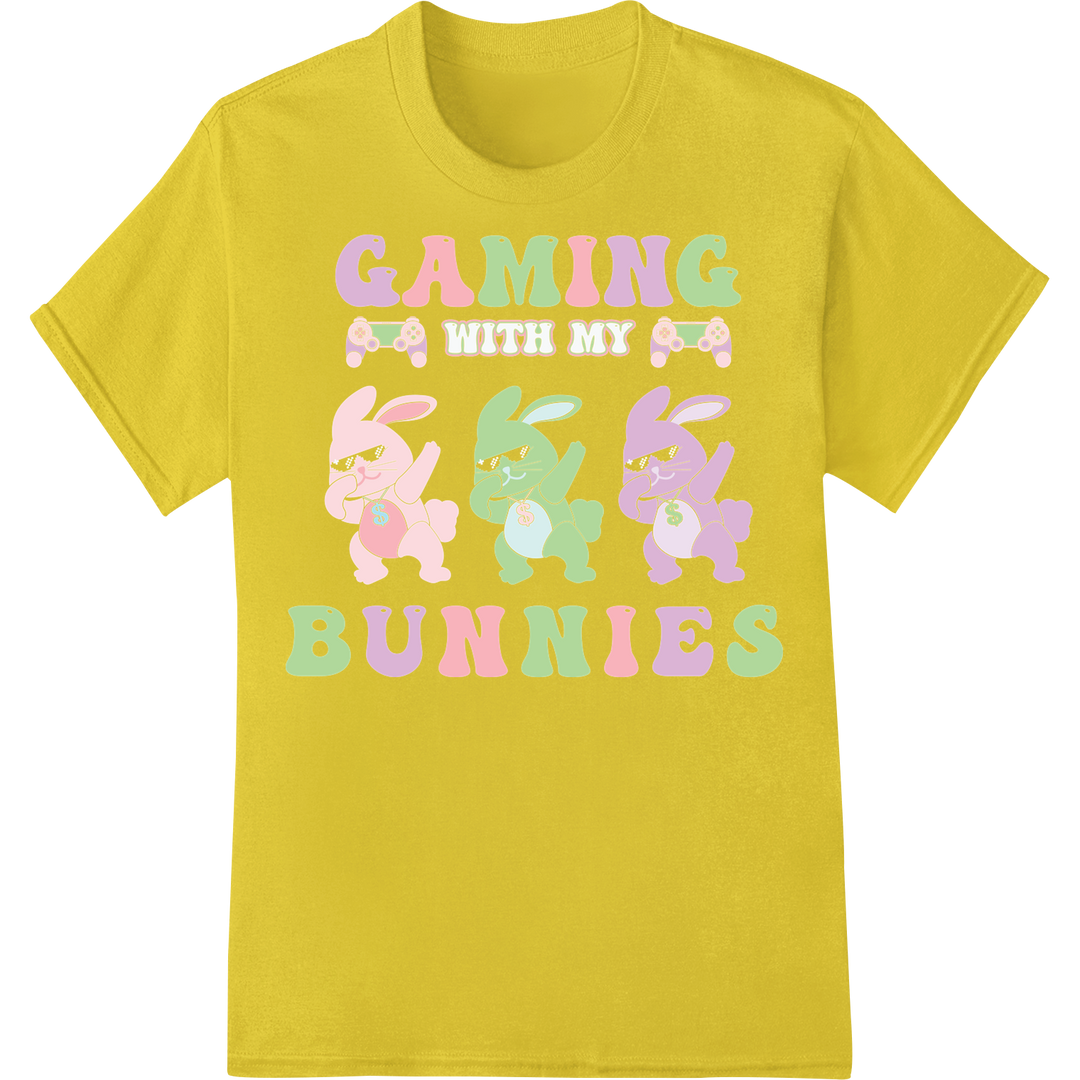 Hoppy Easter Gaming: Adorable Bunny Gamer DTF Print on yellow shirt - SUPERDTF-DTF Prints-DTF Transfers-Custom DTF Prints