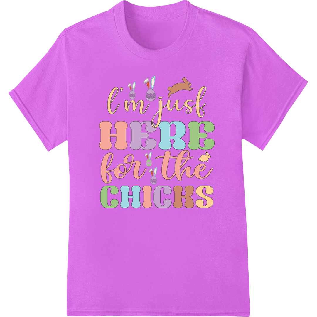 Adorable Easter "I'm Just Here for the Chicks" DTF Print on purple shirt - SUPERDTF-DTF Prints-DTF Transfers-Custom DTF Prints