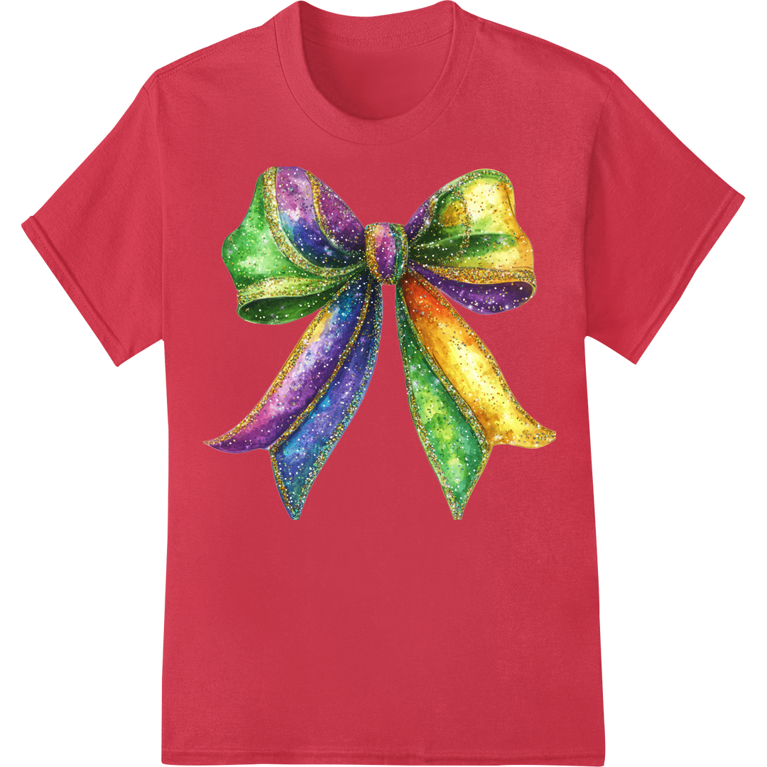 Glittery Mardi Gras Bow Heat Transfer | Carnival DTF Print on red shirt - SUPERDTF-DTF Prints-DTF Transfers-Custom DTF Prints