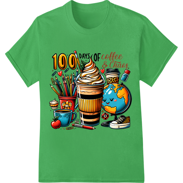 100 Days of Coffee & Chaos: School Milestone DTF Print on green shirt - SUPERDTF-DTF Prints-DTF Transfers-Custom DTF Prints