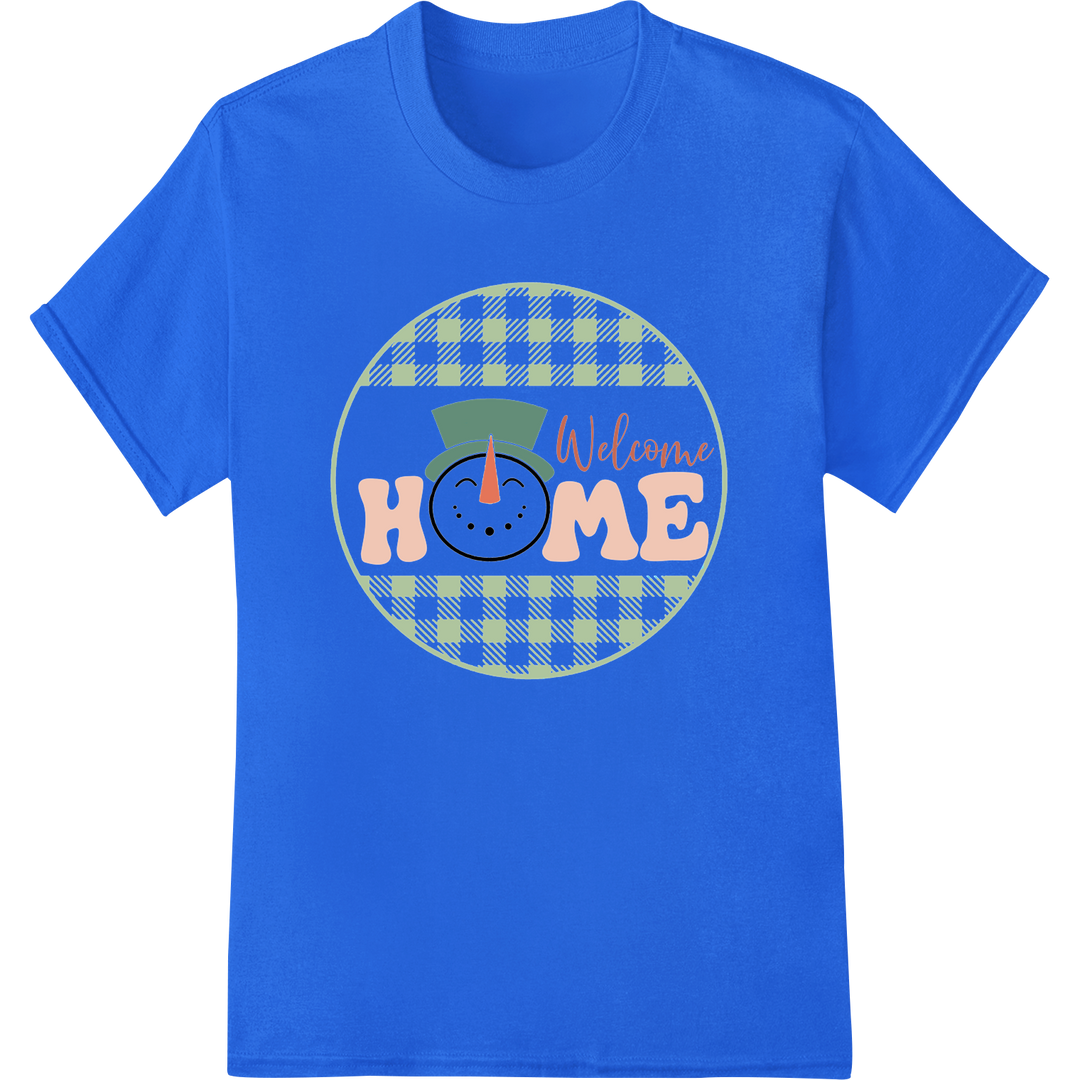 Festive Plaid Snowman 'Welcome HOME' Christmas DTF Print on blue shirt - SUPERDTF-DTF Prints-DTF Transfers-Custom DTF Prints