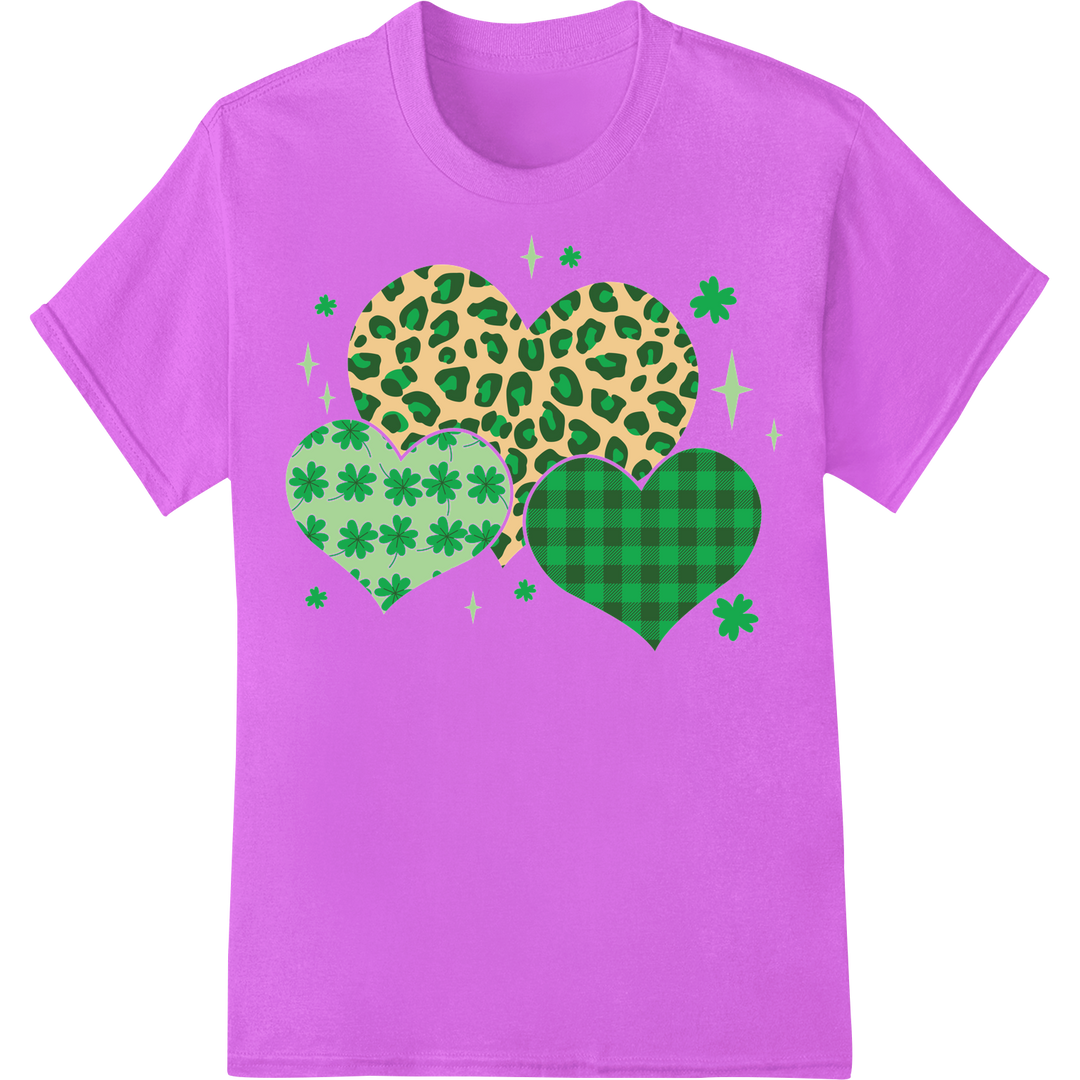 Festive Green Clover Hearts DTF Print for St. Patrick's Day on purple shirt - SUPERDTF-DTF Prints-DTF Transfers-Custom DTF Prints