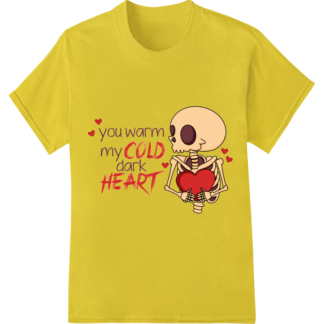 Adorable Skeleton 'You Warm My COLD dark HEART' DTF Print on yellow shirt - SUPERDTF-DTF Prints-DTF Transfers-Custom DTF Prints