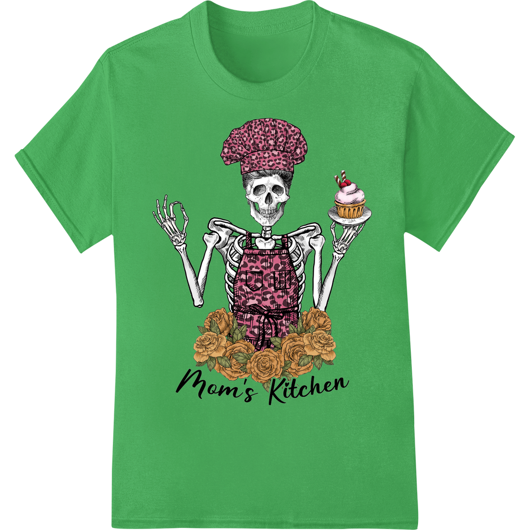 Snarky Mom's Kitchen: Skeleton Chef Heat Transfer Print on green shirt - SUPERDTF-DTF Prints-DTF Transfers-Custom DTF Prints