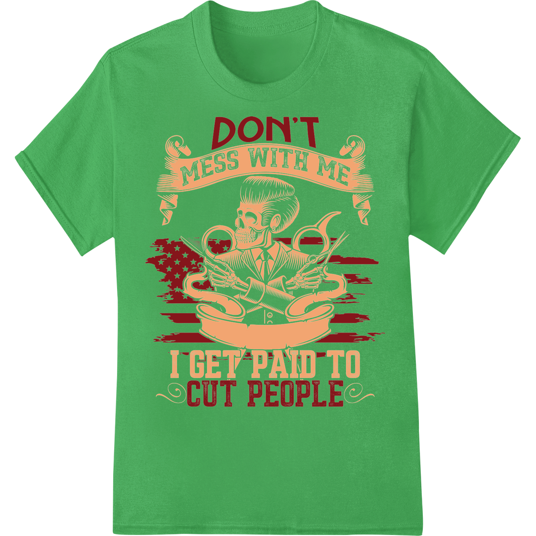 Edgy Barber Skull DTF Print Heat Transfer - Razor Sharp Humor on green shirt - SUPERDTF-DTF Prints-DTF Transfers-Custom DTF Prints