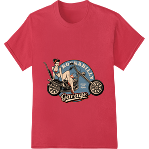 Cutting-edge bulk t-shirt printing featured on Retro Rockabilly Pinup Girl Motorcycle Garage DTF Print