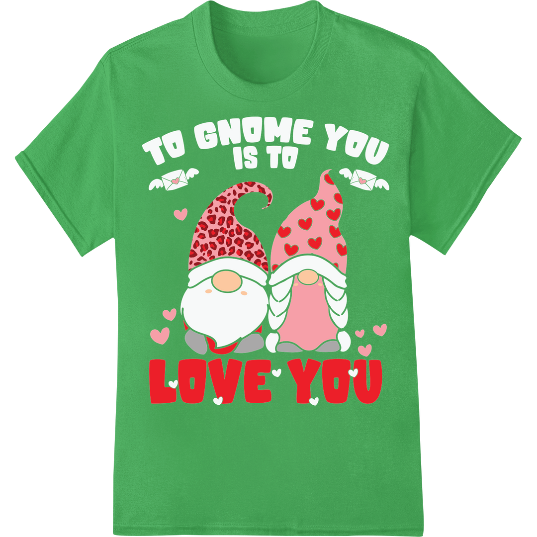 Adorable Gnome Couple Valentine's Day DTF Transfer Print on green shirt - SUPERDTF-DTF Prints-DTF Transfers-Custom DTF Prints