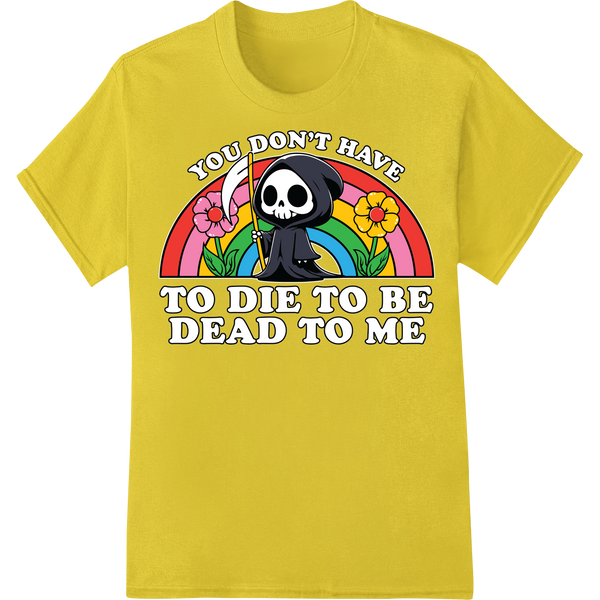 Sarcastic Skeleton: Grim Reaper Halloween DTF Print Transfer on yellow shirt - SUPERDTF-DTF Prints-DTF Transfers-Custom DTF Prints