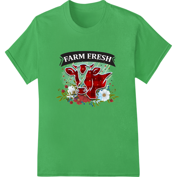 A vibrant red cow illustration with the text 'Farm Fresh' in a rustic, distressed style - great for DTF printing on t-shirts