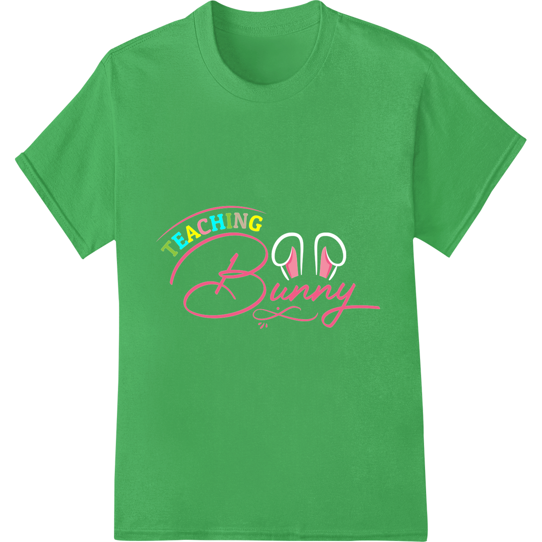 Adorable 'Teaching Bunny' Easter DTF Print Heat Transfer on green shirt - SUPERDTF-DTF Prints-DTF Transfers-Custom DTF Prints