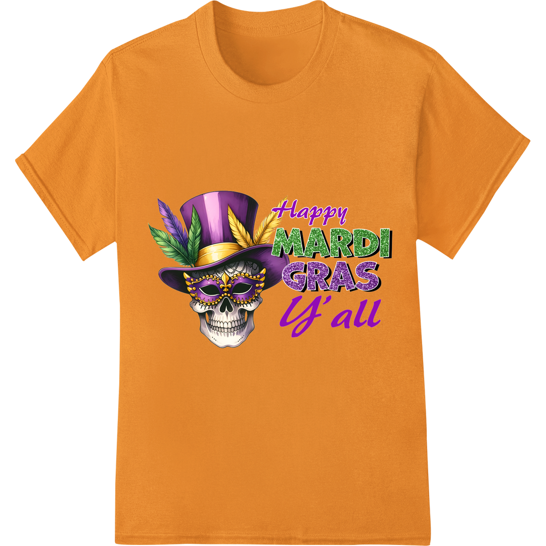 Festive Skull: Celebrate Mardi Gras in Bold Style on orange shirt - SUPERDTF-DTF Prints-DTF Transfers-Custom DTF Prints