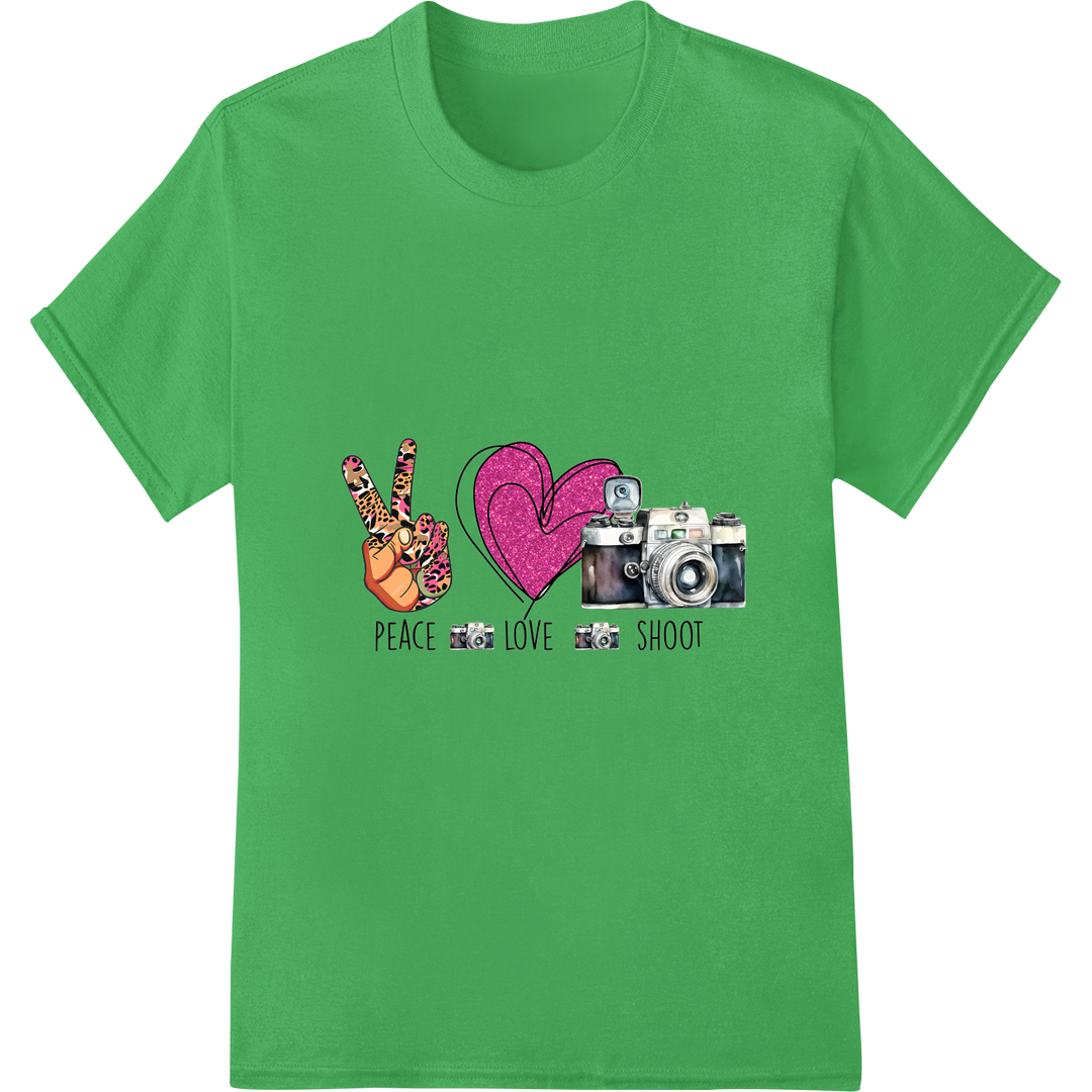 Capture Peace, Love & Photography with DTF Print Design on green shirt - SUPERDTF-DTF Prints-DTF Transfers-Custom DTF Prints