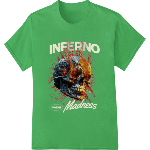 Flaming Skull Inferno - Dramatic DTF Print Heat Transfer enhanced with professional DTF print shop