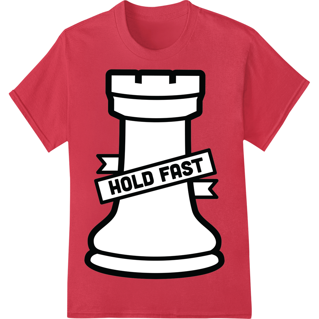 Bold Chess Rook 'Hold Fast' DTF Print Heat Transfer on red shirt - SUPERDTF-DTF Prints-DTF Transfers-Custom DTF Prints