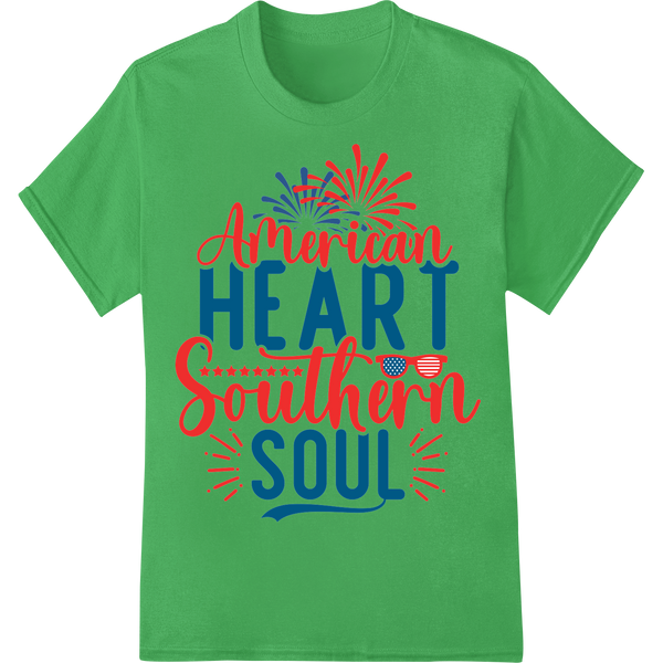 Patriotic Southern Heart: Bold 4th of July DTF Print Design on green shirt - SUPERDTF-DTF Prints-DTF Transfers-Custom DTF Prints