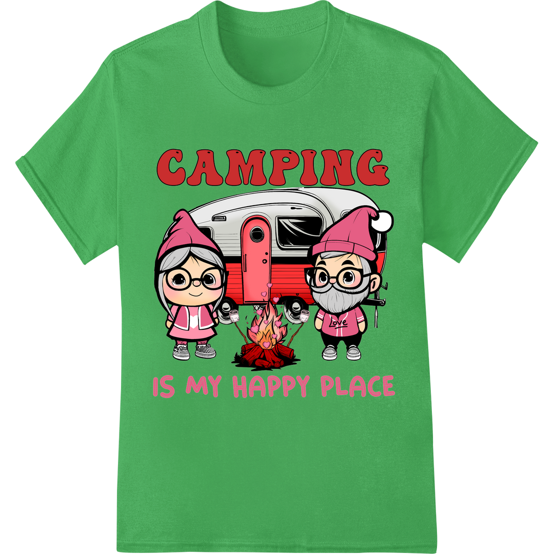 Cute Camper Valentine: Camping is My Happy Place DTF Print on green shirt - SUPERDTF-DTF Prints-DTF Transfers-Custom DTF Prints