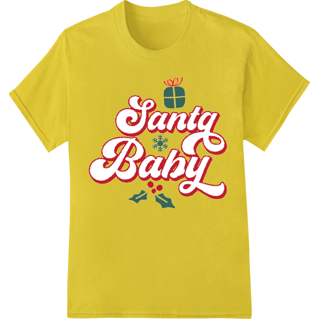 Festive 'Santa Baby' Christmas Typography DTF Print Transfer on yellow shirt - SUPERDTF-DTF Prints-DTF Transfers-Custom DTF Prints