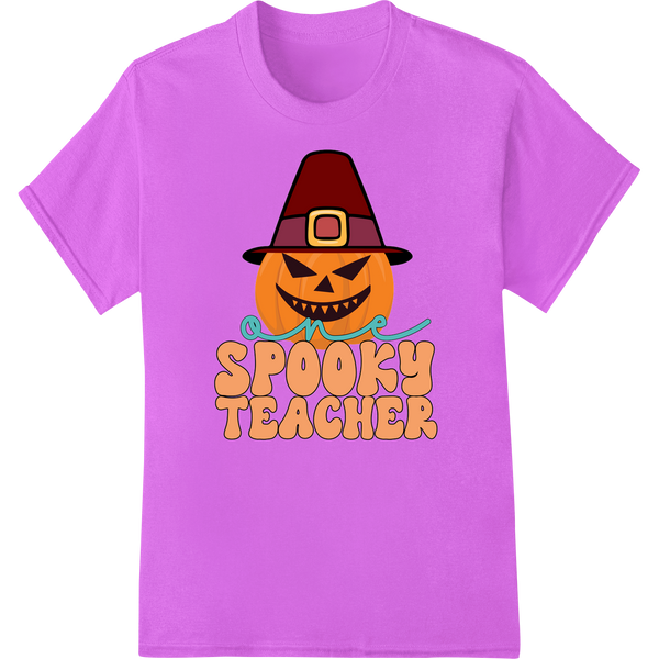 Adorable 'Spooky Teacher' Halloween Pumpkin DTF Print on purple shirt - SUPERDTF-DTF Prints-DTF Transfers-Custom DTF Prints