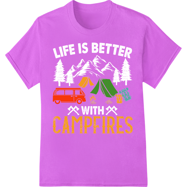 Retro 'Campfires' Outdoor Adventure DTF Transfer Print Design on purple shirt - SUPERDTF-DTF Prints-DTF Transfers-Custom DTF Prints