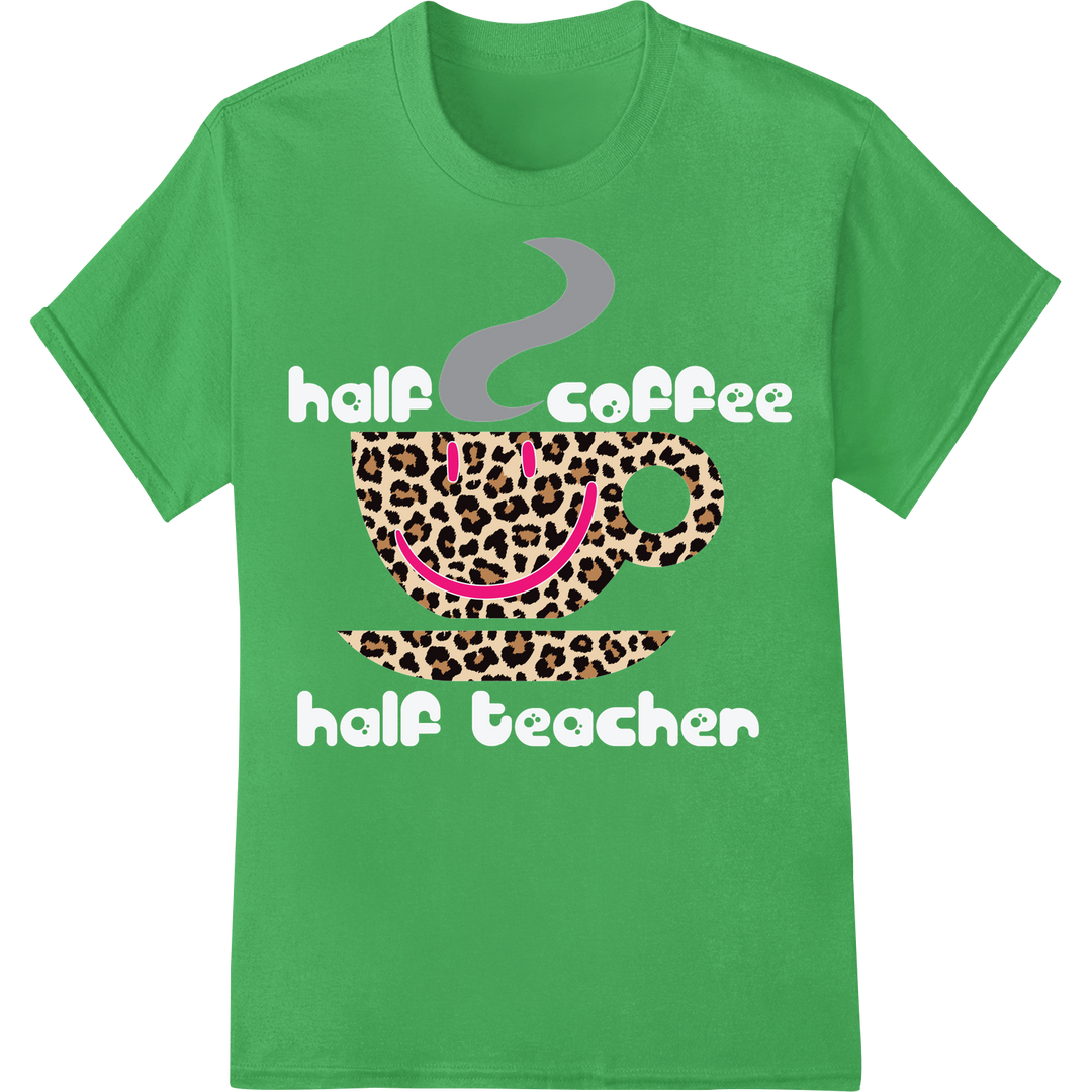 Fierce & Fashionable: Leopard Print Coffee Cup DTF Transfer on green shirt - SUPERDTF-DTF Prints-DTF Transfers-Custom DTF Prints