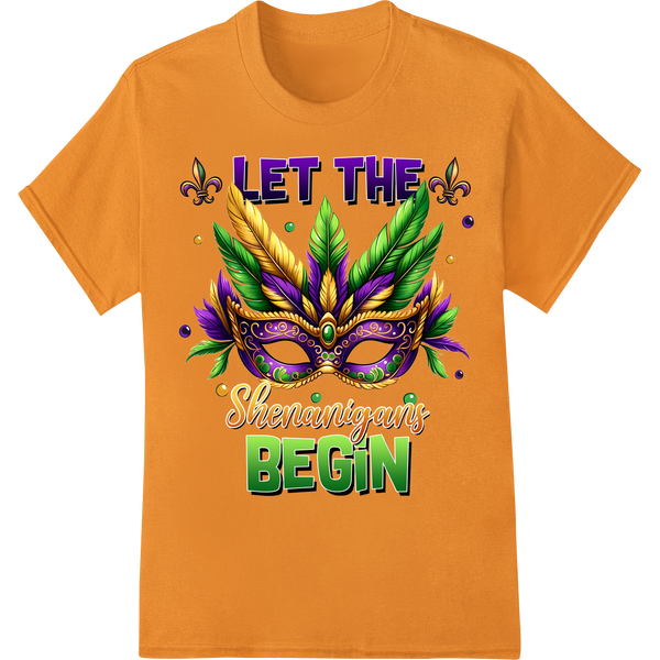 Mardi Gras Magic: Let the Shenanigans Begin DTF Transfer on orange shirt - SUPERDTF-DTF Prints-DTF Transfers-Custom DTF Prints