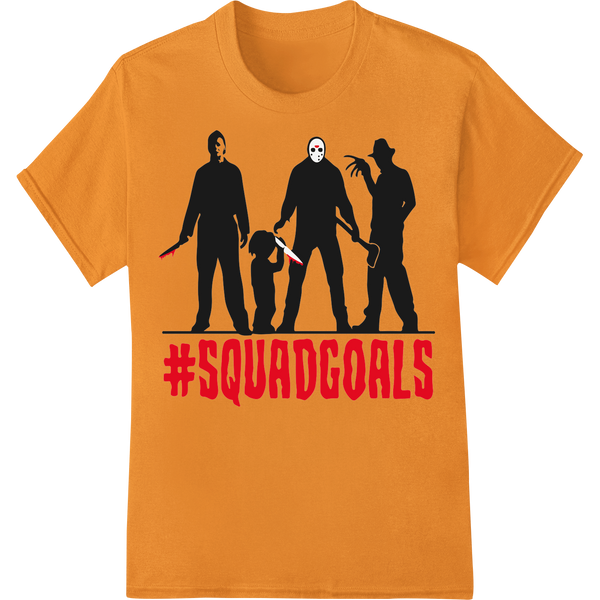 Spooky black and white '#SQUADGOALS' design printed on a white t-shirt using the DTF or Direct to Film heat transfer method