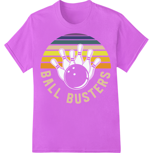 Retro 'Ball Busters' Bowling DTF Print Heat Transfer on purple shirt - SUPERDTF-DTF Prints-DTF Transfers-Custom DTF Prints