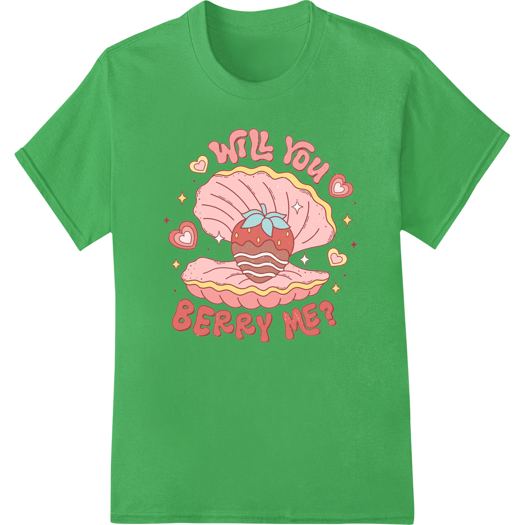 Adorable 'Will You Berry Me?' Retro Valentine's Day DTF Print on green shirt - SUPERDTF-DTF Prints-DTF Transfers-Custom DTF Prints