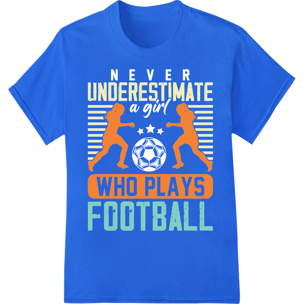 Bold Soccer Silhouettes: Underestimate Who Plays DTF Print on blue shirt - SUPERDTF-DTF Prints-DTF Transfers-Custom DTF Prints