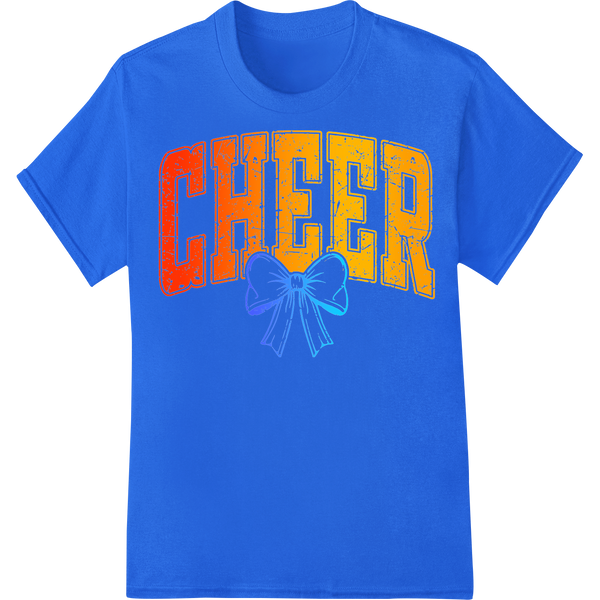 Spread Joy with Colorful 'CHEER' DTF Print Heat Transfer on blue shirt - SUPERDTF-DTF Prints-DTF Transfers-Custom DTF Prints