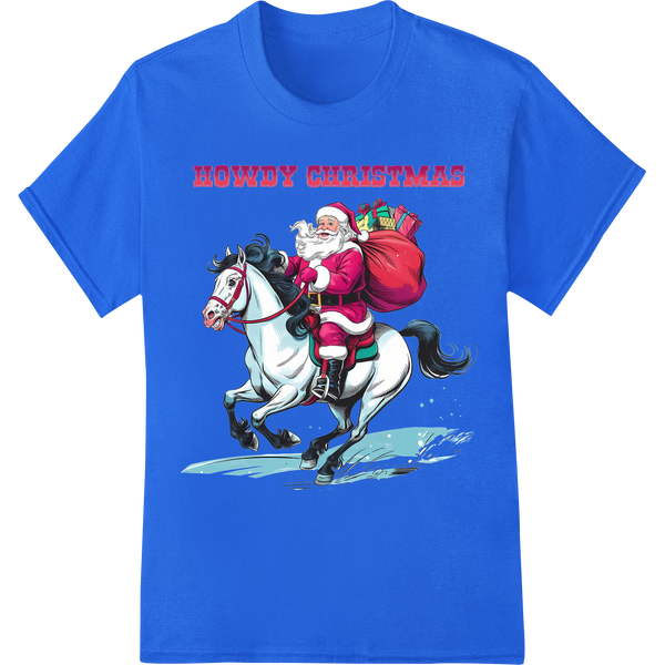 Jolly Santa's Countryside Ride: Festive DTF Transfer Print on blue shirt - SUPERDTF-DTF Prints-DTF Transfers-Custom DTF Prints