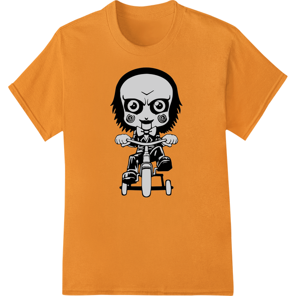 Edgy Cartoon Biker Skull - Halloween DTF Print Transfer on orange shirt - SUPERDTF-DTF Prints-DTF Transfers-Custom DTF Prints