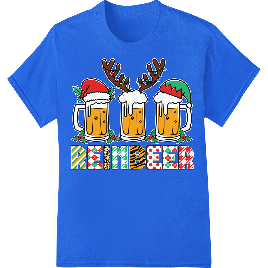 Festive Reindeer Beer Trio - Christmas DTF Print Design on blue shirt - SUPERDTF-DTF Prints-DTF Transfers-Custom DTF Prints