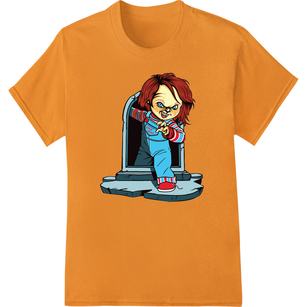 Creepy Chucky Doll Horror Movie DTF Print Heat Transfer on orange shirt - SUPERDTF-DTF Prints-DTF Transfers-Custom DTF Prints